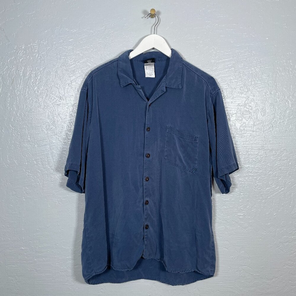 Kavu Men L Blue Lyocell Button Front Shirt Short Sleeve Travel Vacation Casual